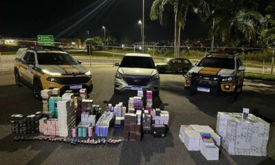 Celulares e perfumes apreendidos em Divinópolis — Foto: PMRv/Divulgação