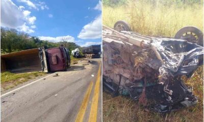 1 de 3 Carro ficou capotado após bater em dois caminhões na BR-354 — Foto: PMRv/Divulgação