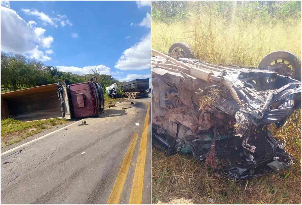 1 de 3 Carro ficou capotado após bater em dois caminhões na BR-354 — Foto: PMRv/Divulgação