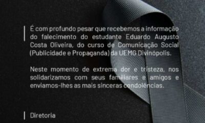 Uemg emitiu nota de pesar pela morte de Eduardo em Divinópolis — Foto: Uemg/Divulgação