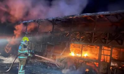 Ônibus que saiu de Martinho Campos com destino a Caldas Novas em Goiás pegou fogo na BR-262 — Foto: Corpo de Bombeiros/Divulgação